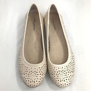 Solanz Cream Laser Cut Faux Leather Slip On Memory Foam Ballet Flats